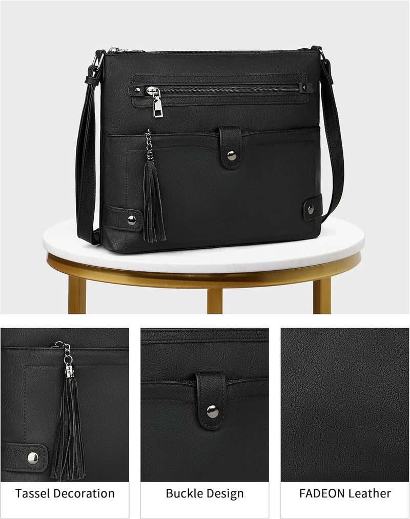 FADEON Large Crossbody Purses for Women Crossbody Bag, Designer Leather Cross Body Purses Multi Pocket Shoulder Bag - Image 4
